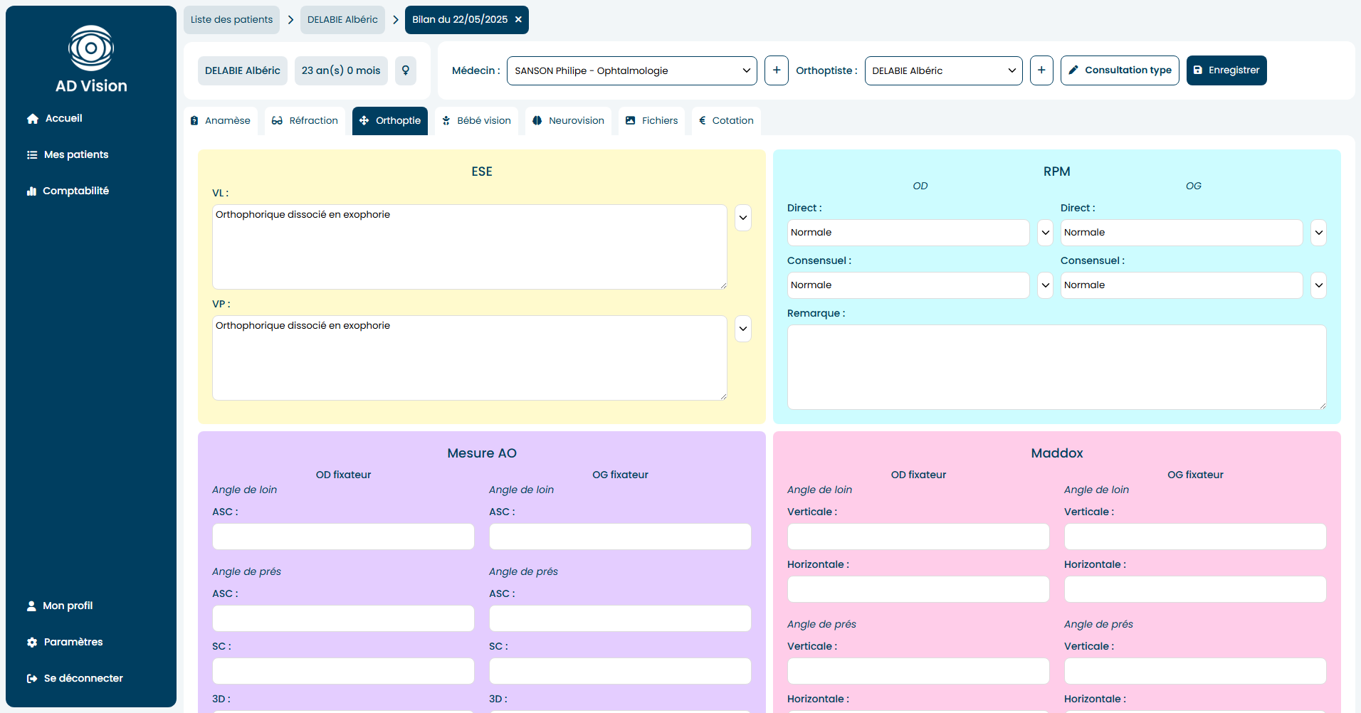 Interface de création de bilans
