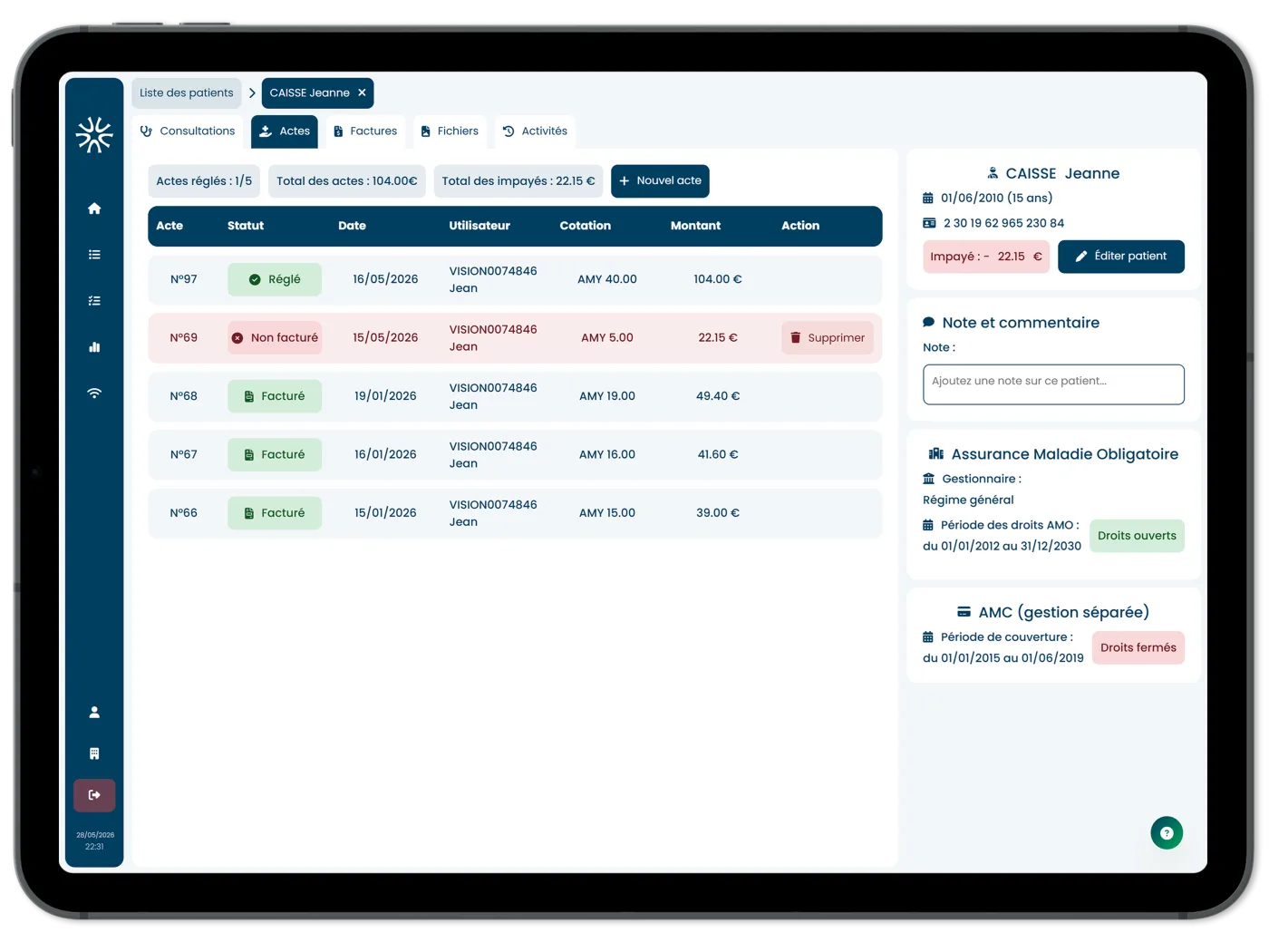 Interface de suivi des actes sur tablette