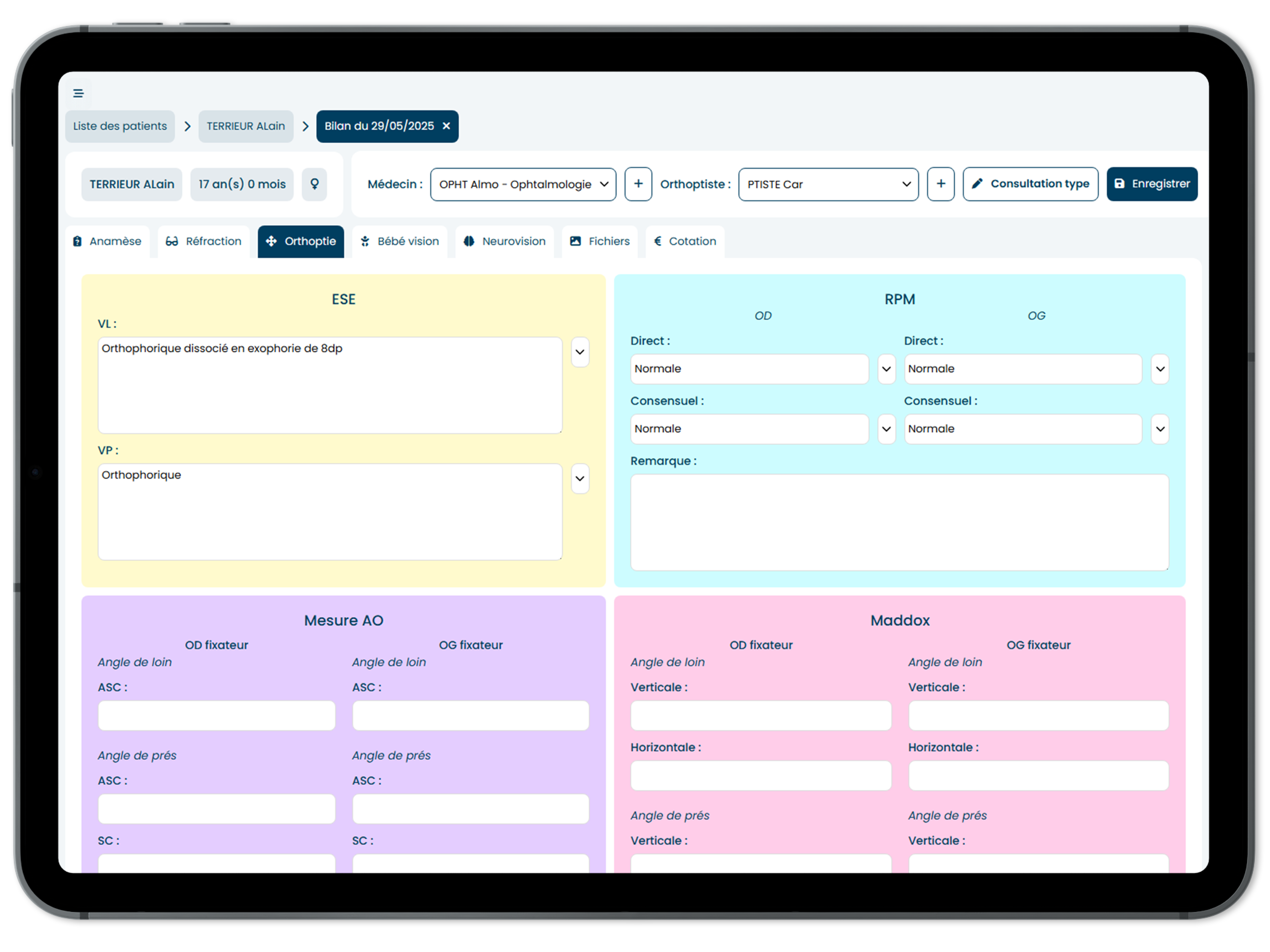 Interface des bilans sur Mac Display