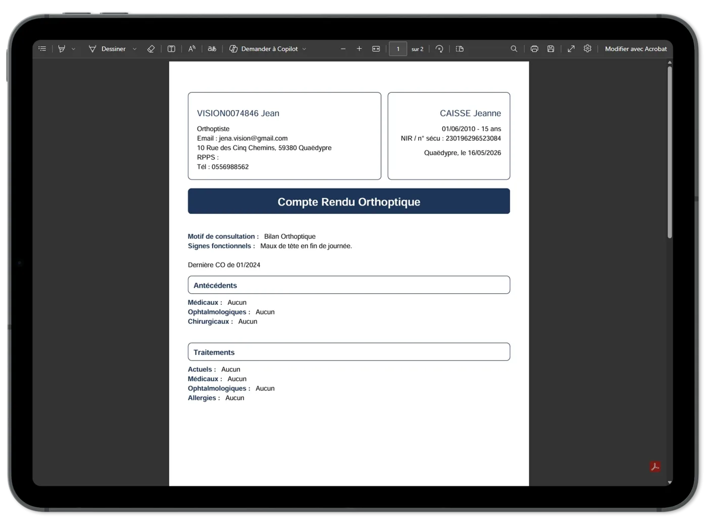 Compte rendu orthoptique exporté en PDF sur iPad