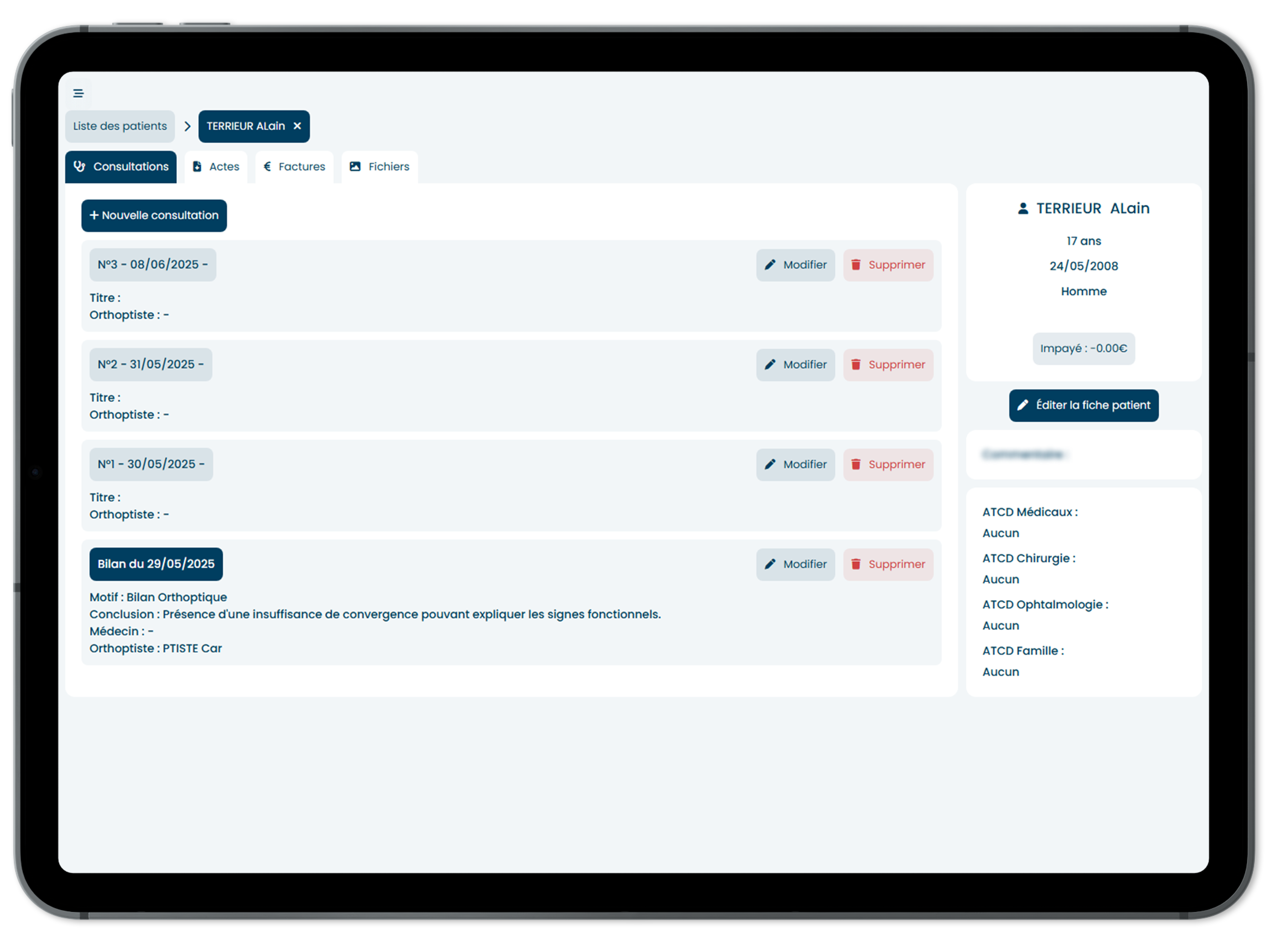 Interface de planification des séances