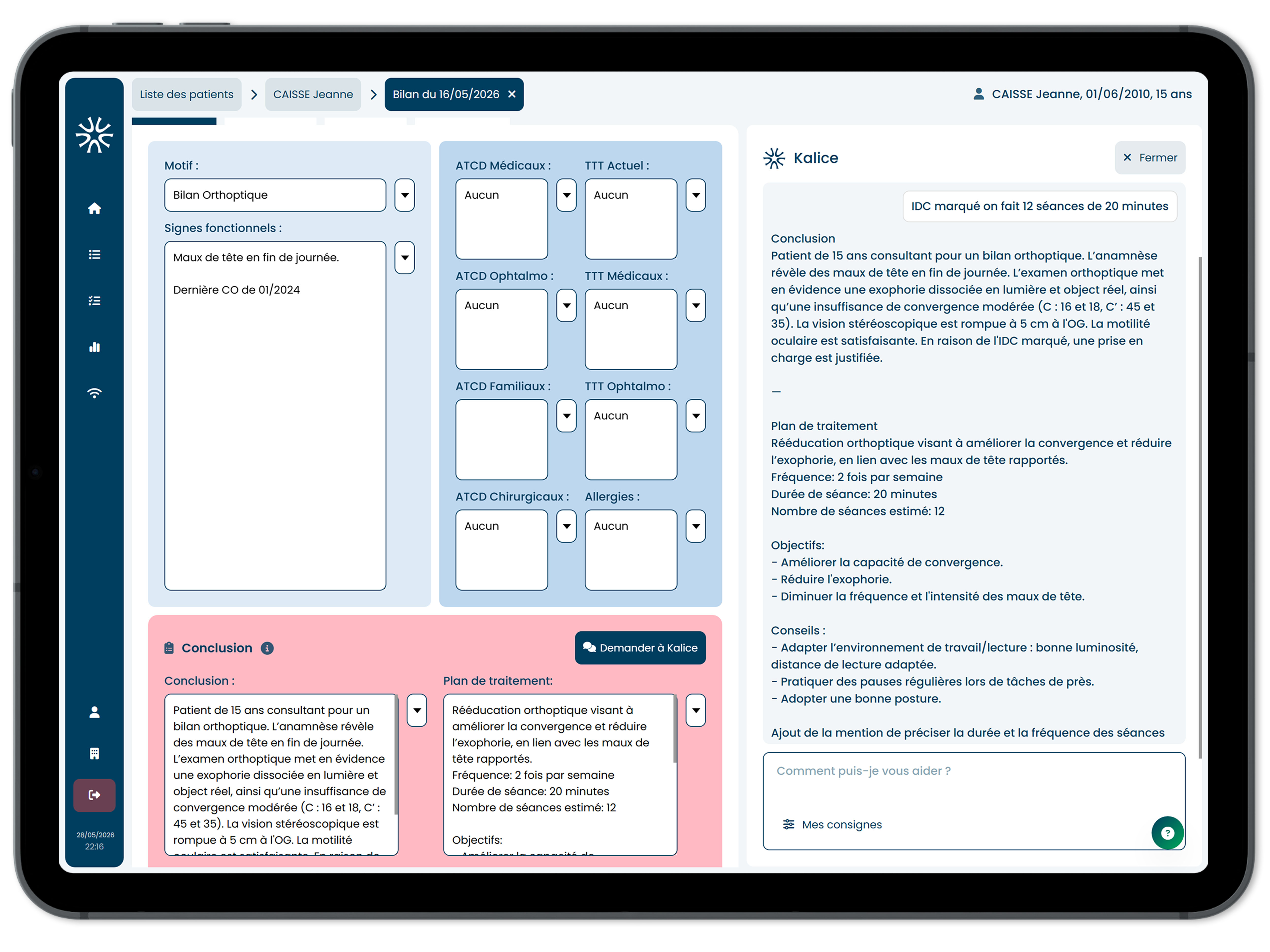 Assistant IA Kalice pour les bilans et comptes-rendus sur iPad