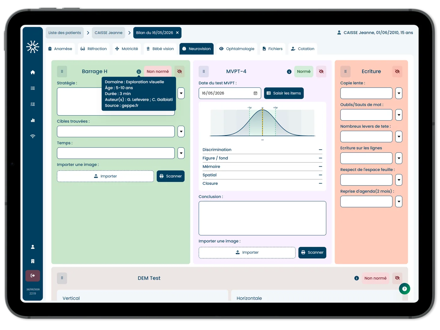 Interface des examens neurovisuels sur iPad