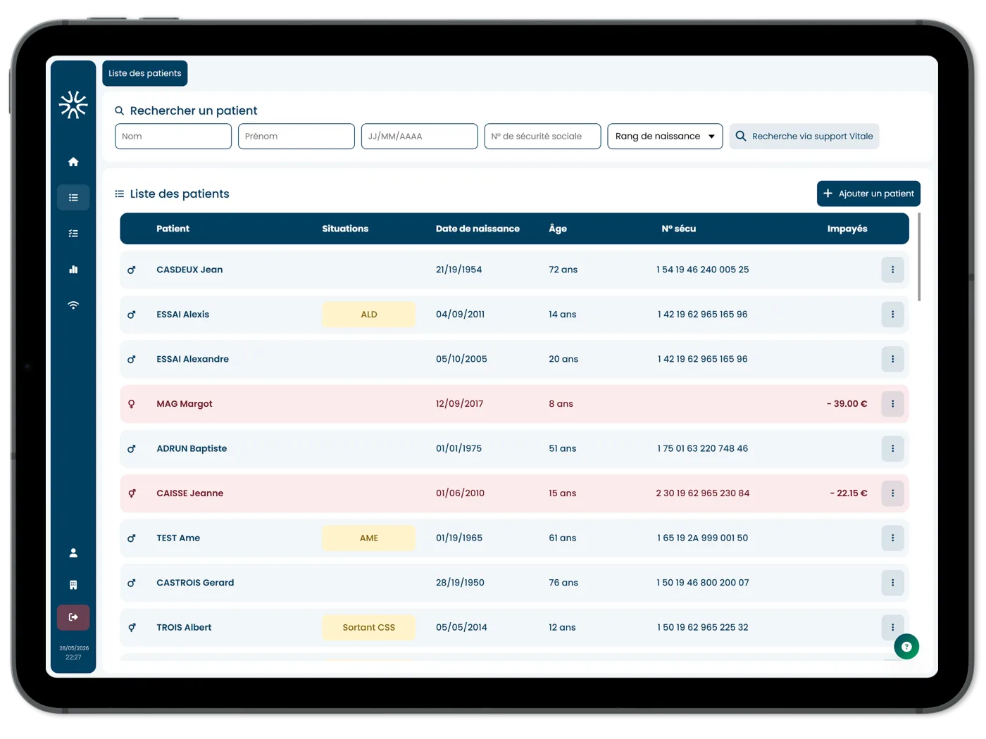 Interface de gestion des patients sur iPad