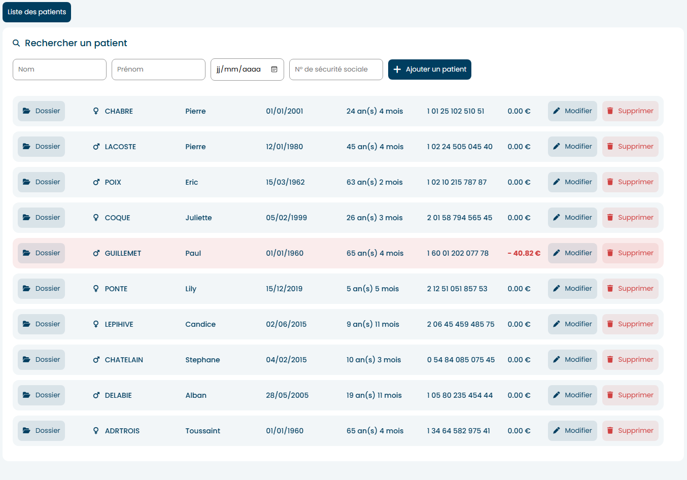 Interface de gestion des patients