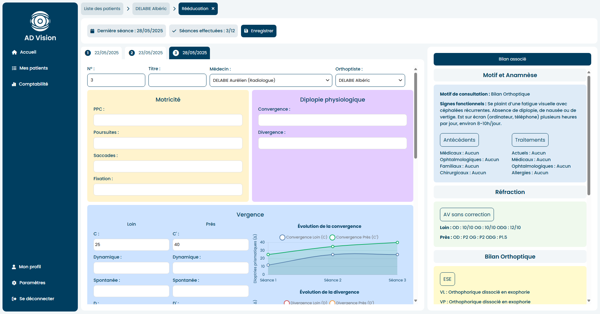 Interface de gestion des séances de rééducation